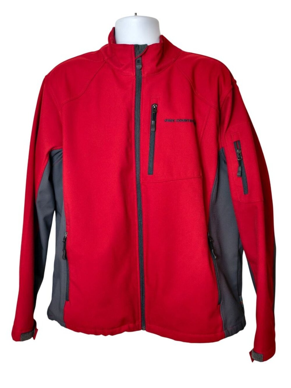 Free Country Mens XL Fleece Jacket Red Softshell Full-Zip Multi Pockets Outdoor